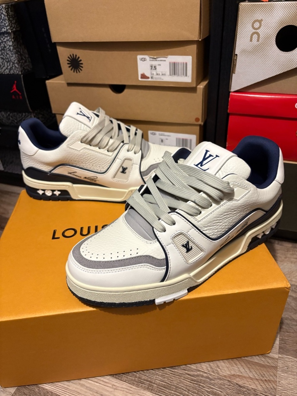Louis Vuitton Men’s White and Navy Trainer Sneakers with Gray Accents
